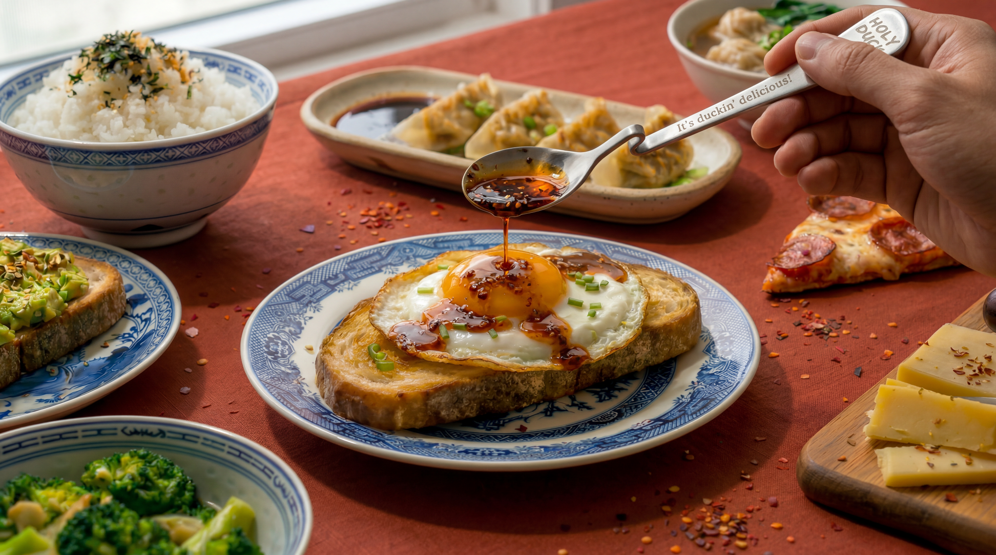 Person spooning sauce over a dish of toast with an egg on a red tablecloth with various dishes.
