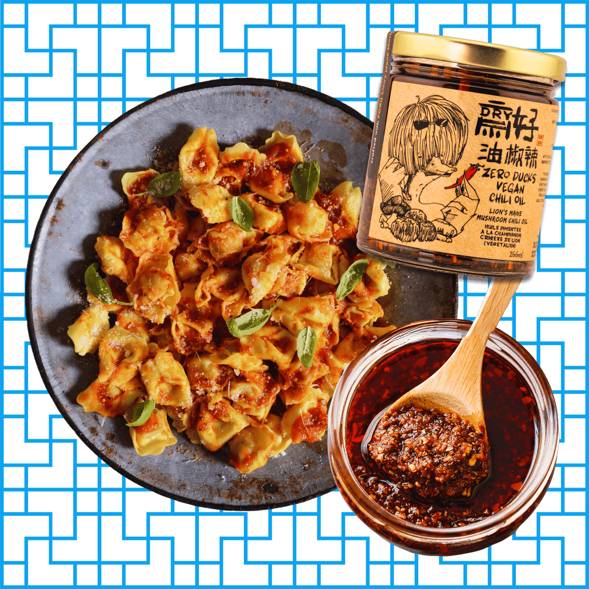 Holy Duck Zero Ducks vegan chili oil with tortellini in chili oil sauce on blue geometric background